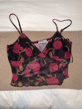 Princess Polly Black Mesh Cami with Red Rose Print